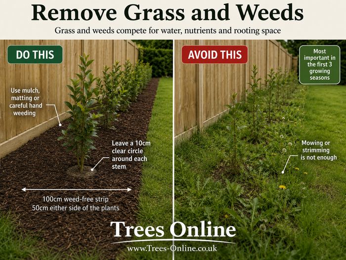 Vegetation-free strip around a young fast-growing hedge to remove grass and weed competition