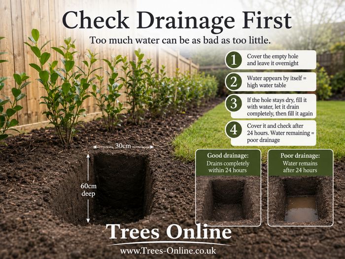 Drainage test for checking soil before planting privacy trees and hedges