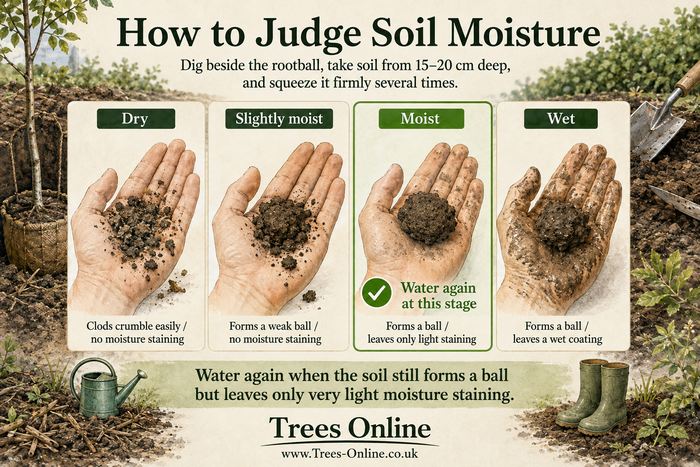 Hand soil moisture test showing how sand, loam and clay feel at different moisture levels