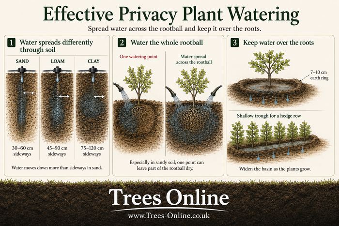 Effective watering across the full rootball of a newly planted privacy tree