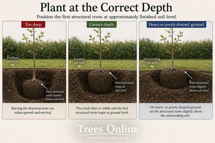 Correct tree planting depth with the first structural roots at finished soil level