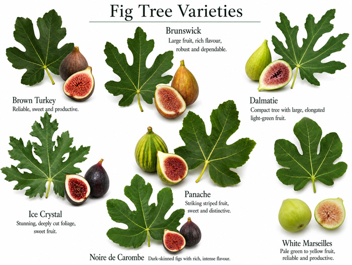 Fig tree varieties for UK gardens showing different fig leaves and fruit types