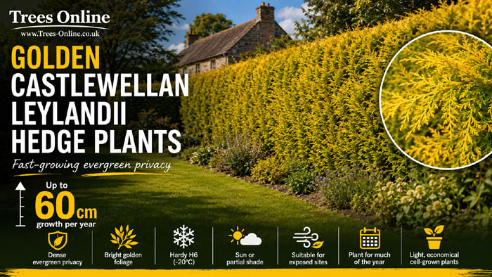Golden Castlewellan Leylandii hedge plants for fast evergreen privacy screening