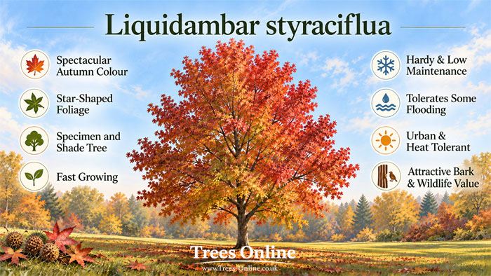 Liquidambar styraciflua - Sweet Gum tree with spectacular autumn colour and growing benefits