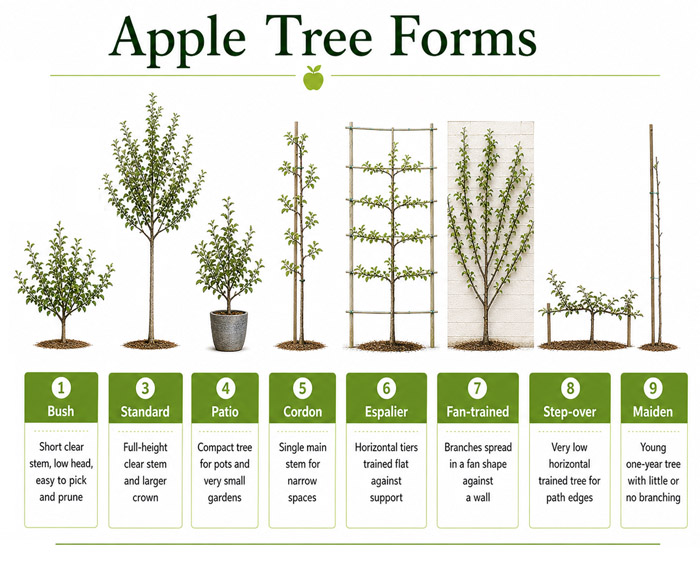 Apple tree forms guide comparing bush, half standard, standard, patio, cordon, espalier, fan trained, step over and maiden apple trees