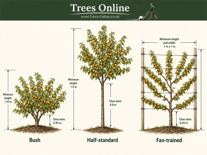 Apricot tree forms compared including bush half standard and fan trained apricot trees