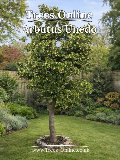 Arbutus unedo strawberry tree evergreen tree with flowers and fruit