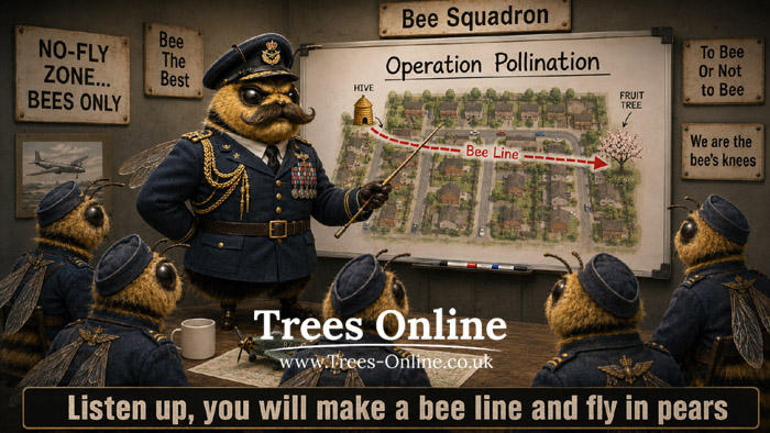 Bee pollination image showing bees helping move pollen between fruit tree flowers