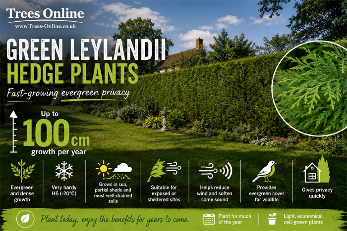 Green Leylandii hedge plants showing fast growth, evergreen privacy, hardiness and other key benefits