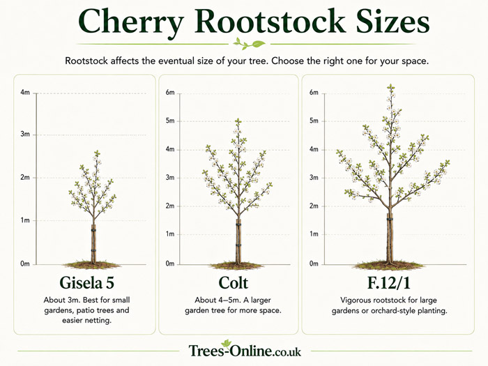 Cherry rootstock size comparison showing Gisela 5, Colt and F.12/1