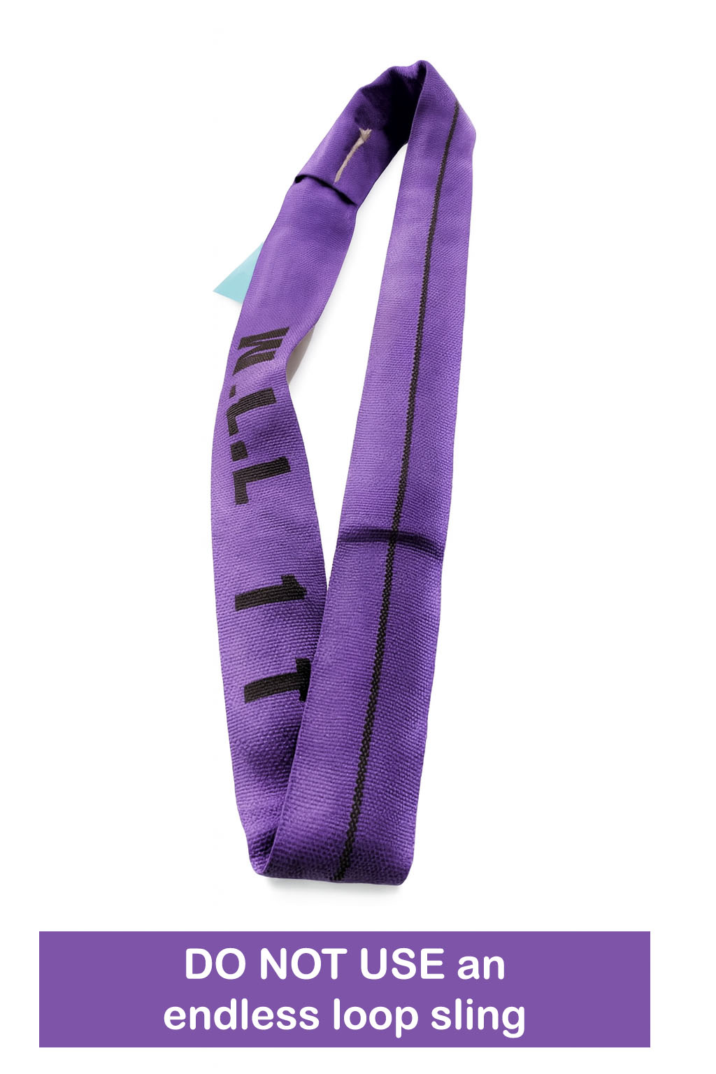 Example of a purple endless loop round sling with a warning not to use it for lifting WRB trees