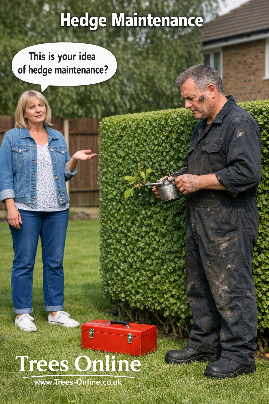 Illustration about hedge maintenance and work required