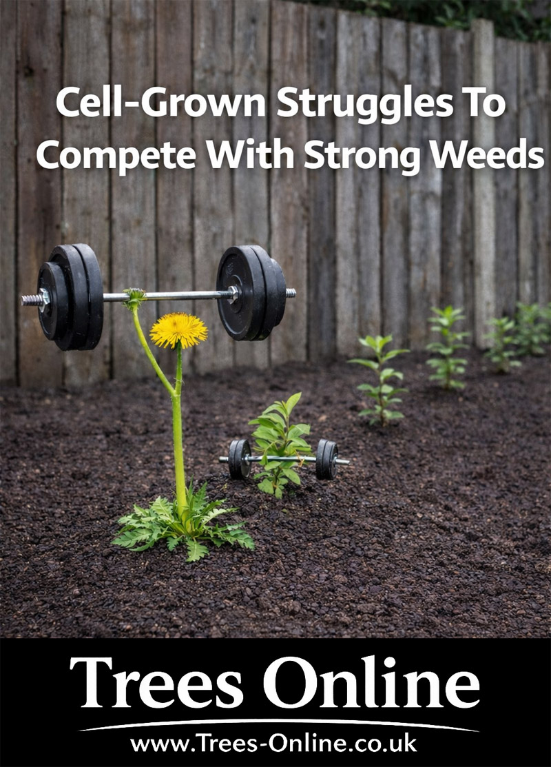 Strong weeds competing with young hedge plants