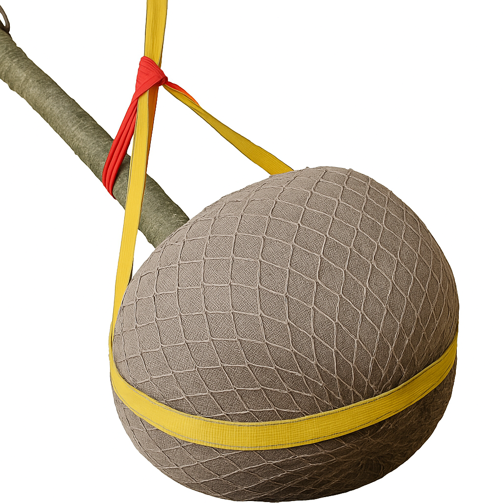 Two sling lifting method for WRB trees, showing yellow sling under rootball and red sling on trunk as a guide