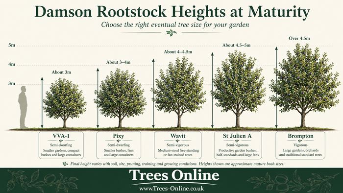 Comparison of approximate mature heights for common damson rootstocks
