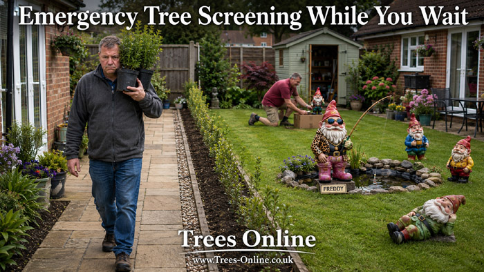 Emergency Tree Screening While You Wait – a man using young potted trees to block the view of a neighbour's garden gnomes