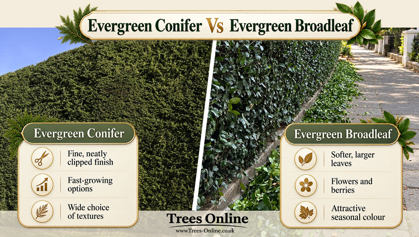 Evergreen Conifer vs Evergreen Broadleaf Hedging
