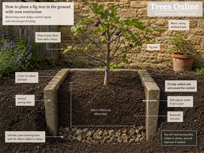 Fig tree root restriction pit using paving slabs for better fruiting