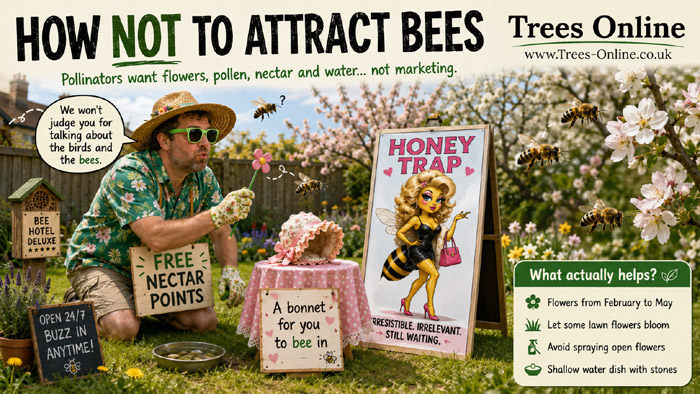 How not to attract bees image showing pollinator-friendly garden mistakes to avoid