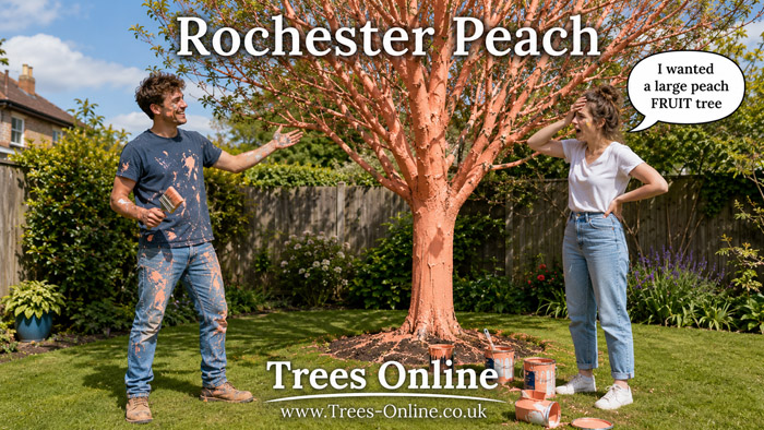 Rochester Peach meme showing a man painting a large tree peach coloured after misunderstanding large peach fruit tree