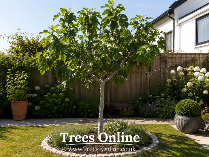 Mature Brown Turkey fig tree with fruit in a UK garden