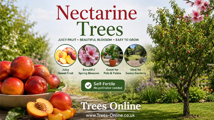 Nectarine tree buyer summary showing the main benefits, uses and buying points