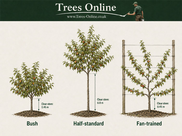 Nectarine tree form comparison showing compact, bush and fan-trained options