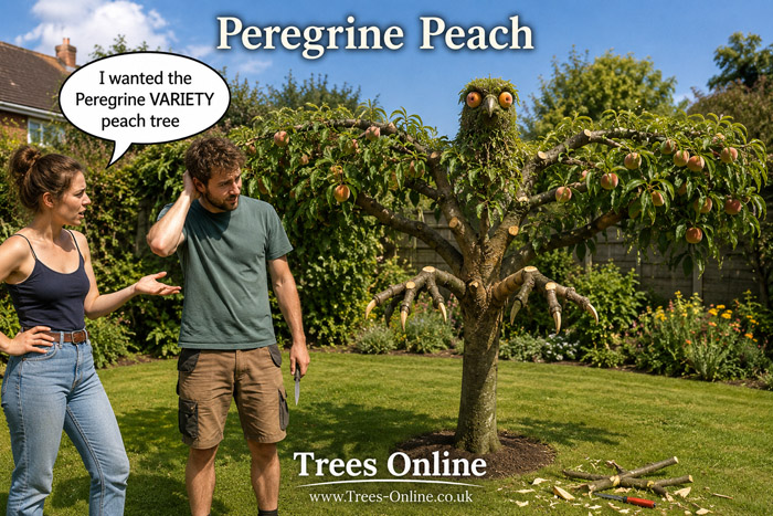 Peregrine Peach meme showing a young couple in a garden with a peach tree pruned into a peregrine falcon shape