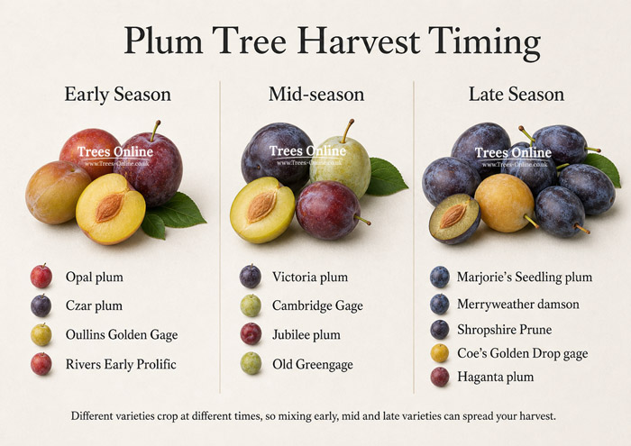 UK plum, gage and damson harvest timing guide showing early, mid-season and late cropping varieties
