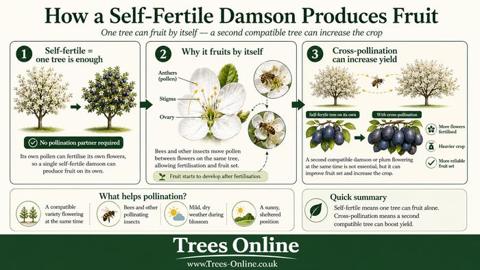 Diagram explaining self-pollination in self-fertile damson trees