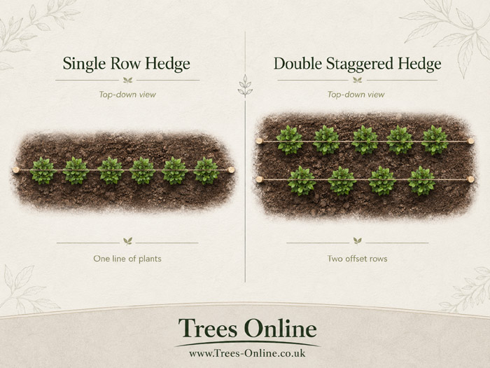 Single-row and double-staggered hedge planting layouts viewed from above