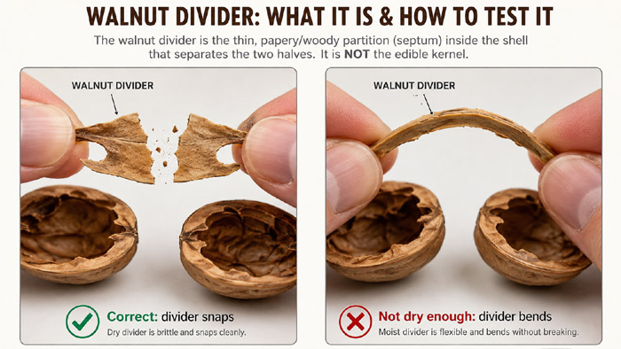 Walnut divider snap test showing when walnuts are dry enough